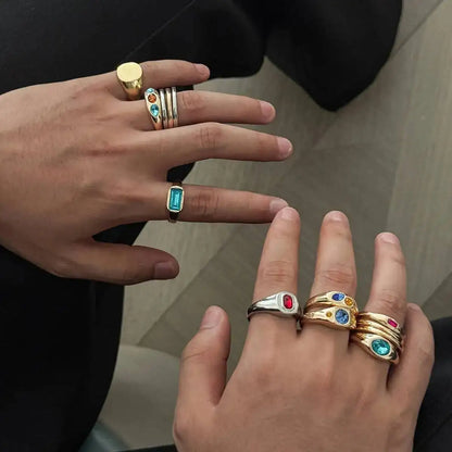 Ingemark 13 Pcs/Set Punk Inlay Colorful Rhinestones Ring for Men Trendy Metal Open Adjustable Rings Stacktable Finger Jewelry