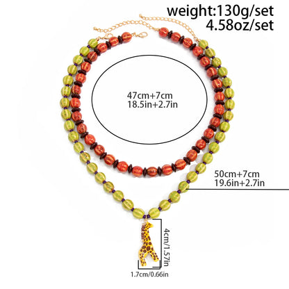 Ingemark 2Pcs/Set Trendy Red Greend Ceramics Beaded Chokers Necklace Women Vintage Stacked Giraffe Pendant Necklace Boho Jewelry