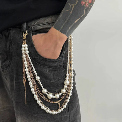 Exquisite Luxury Imitation Pearl Trousers Hipster Pant Jean Keychain for Men Punk Trousers Jeans Keyring HipHop Jewelry
