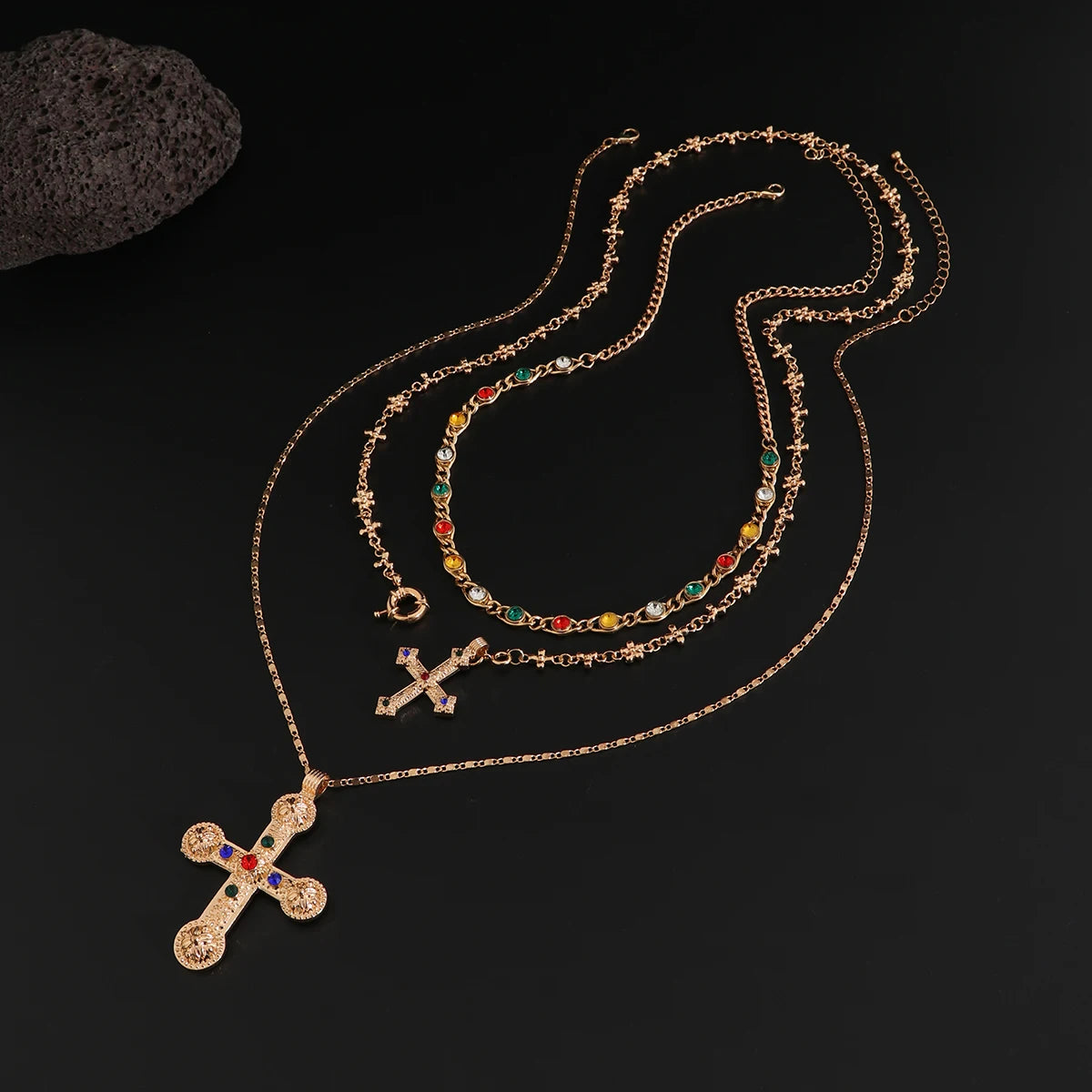 Ingemark 3Pcs Luxury Inlaid Rhinestone Imitating Pearl Chain Necklace Vintage Jesus Cross Pendant Choker Christian Jewelry Men