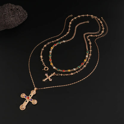 Ingemark 3Pcs Luxury Inlaid Rhinestone Imitating Pearl Chain Necklace Vintage Jesus Cross Pendant Choker Christian Jewelry Men