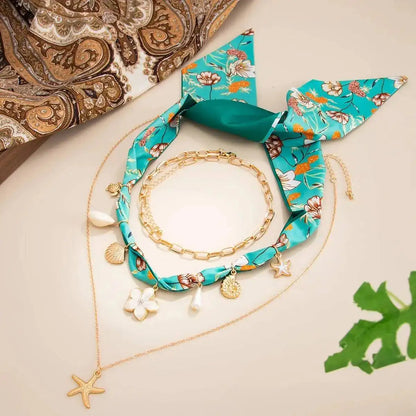 Ingemark 3Pcs/Set Boho Scarf Ribbon Choker Necklace Women Vintage Cross Sun Flower Starfish Conch Coconut Tree Pendant Necklace