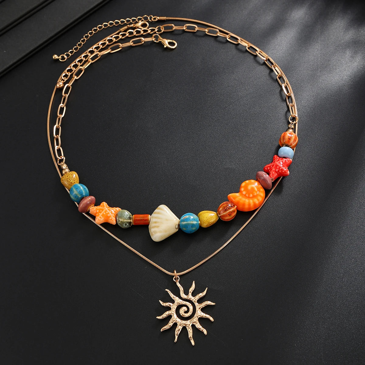 Ingemark 2 Pcs/Set Hip Hop Colorful Ceramic Sea Star Conch Bead Choker Necklace for Men Punk Retro Spiral Sun Pendant Necklaces