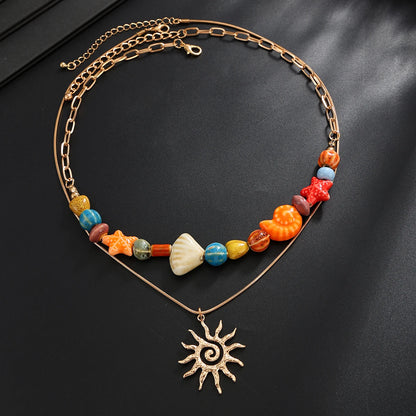Ingemark 2 Pcs/Set Hip Hop Colorful Ceramic Sea Star Conch Bead Choker Necklace for Men Punk Retro Spiral Sun Pendant Necklaces
