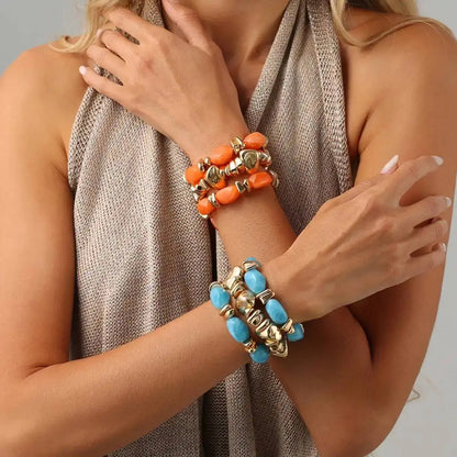 Ingemark 3Pcs/Set Baroque Acrylic Resin Beaded Bracelet for Women Vintage Boho Stacked Elastic Bangles Charm Jewelry Accessories