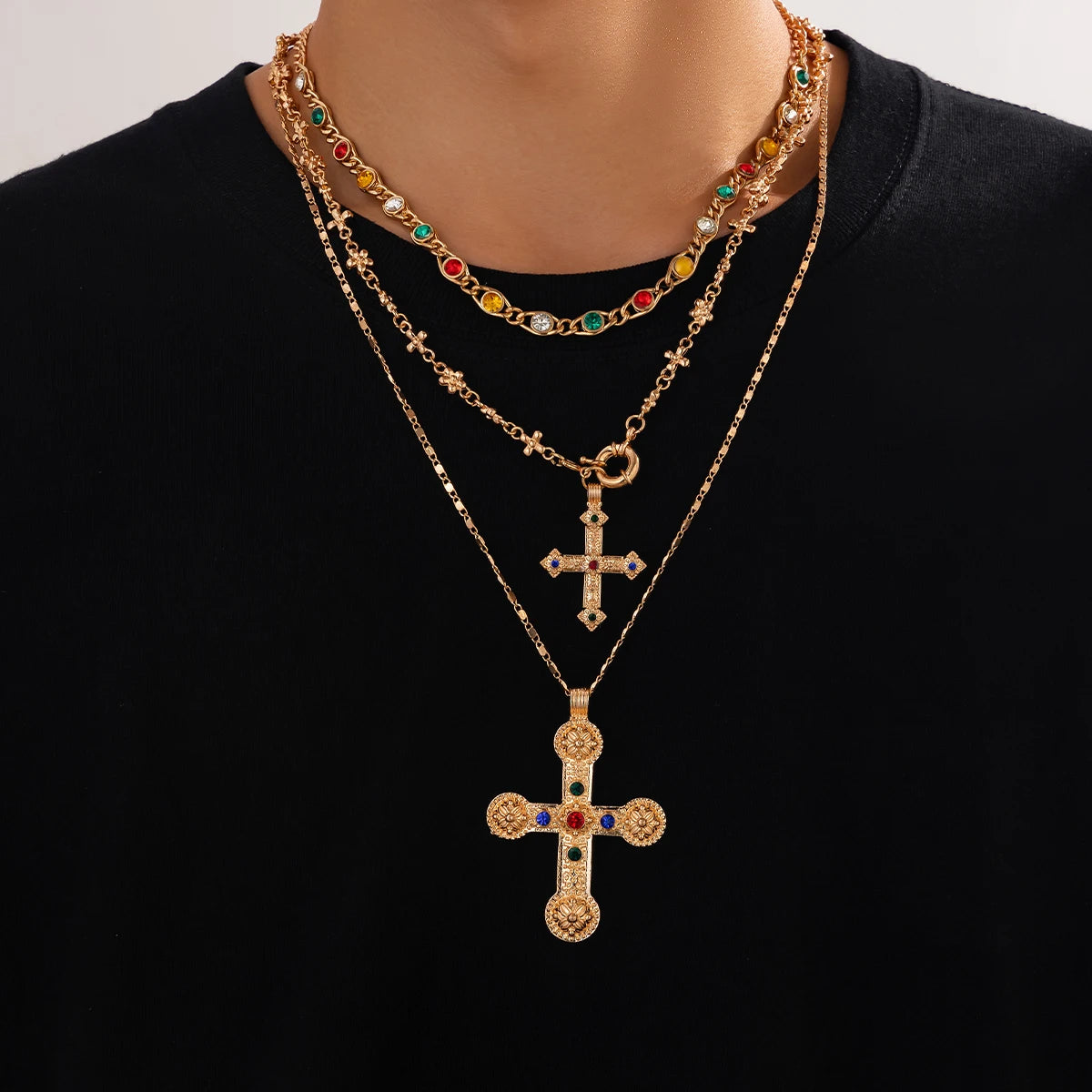 Ingemark 3Pcs Luxury Inlaid Rhinestone Imitating Pearl Chain Necklace Vintage Jesus Cross Pendant Choker Christian Jewelry Men