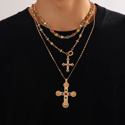 Ingemark 3Pcs Luxury Inlaid Rhinestone Imitating Pearl Chain Necklace Vintage Jesus Cross Pendant Choker Christian Jewelry Men