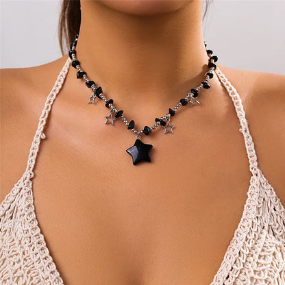 Boho Colorful Irregular Stone Hollow Star Pendant Choker Necklace Women Summer Goth Beads Chain Y2K Jewelry Accessories