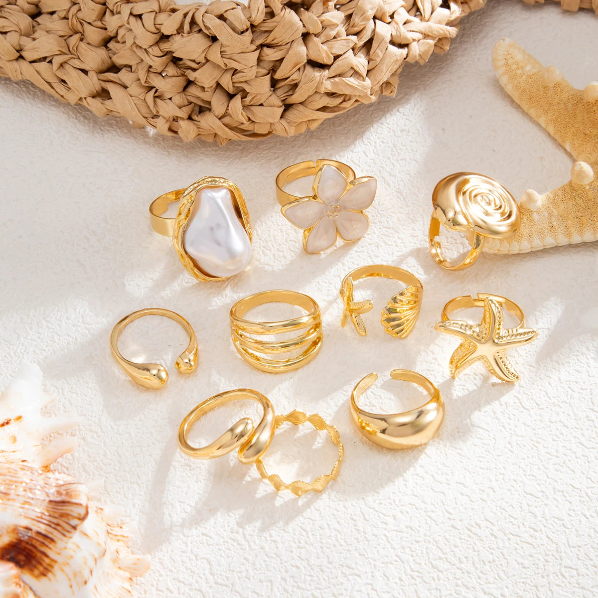Ingemark 10 Pcs/Set Trendy Conch Starfish Flower Open Rings for Women Bohemian Imitation Pearls Ring Summer Beach Jewelry Gifts