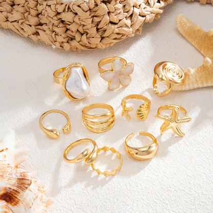 Ingemark 10 Pcs/Set Trendy Conch Starfish Flower Open Rings for Women Bohemian Imitation Pearls Ring Summer Beach Jewelry Gifts