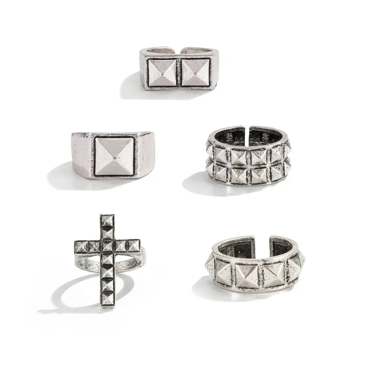 Ingemark 5 Pcs Gothic Punk Cross Chunky Open Rings Set for Men Hip-Hop Rivets Stackable Adjustable Knuckle Rings Finger Jewelry