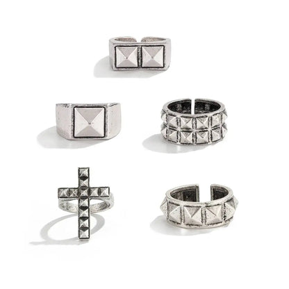 Ingemark 5 Pcs Gothic Punk Cross Chunky Open Rings Set for Men Hip-Hop Rivets Stackable Adjustable Knuckle Rings Finger Jewelry