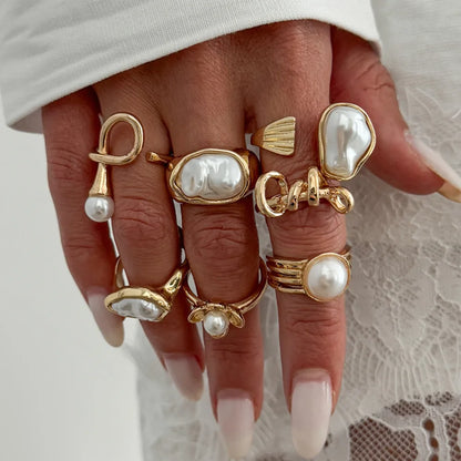 Ingemark 7 Pcs Baroque Imitation Pearl Open Rings Set for Women Elegant Irregular Stackable Adjustable Finger Ring Jewelry Gift
