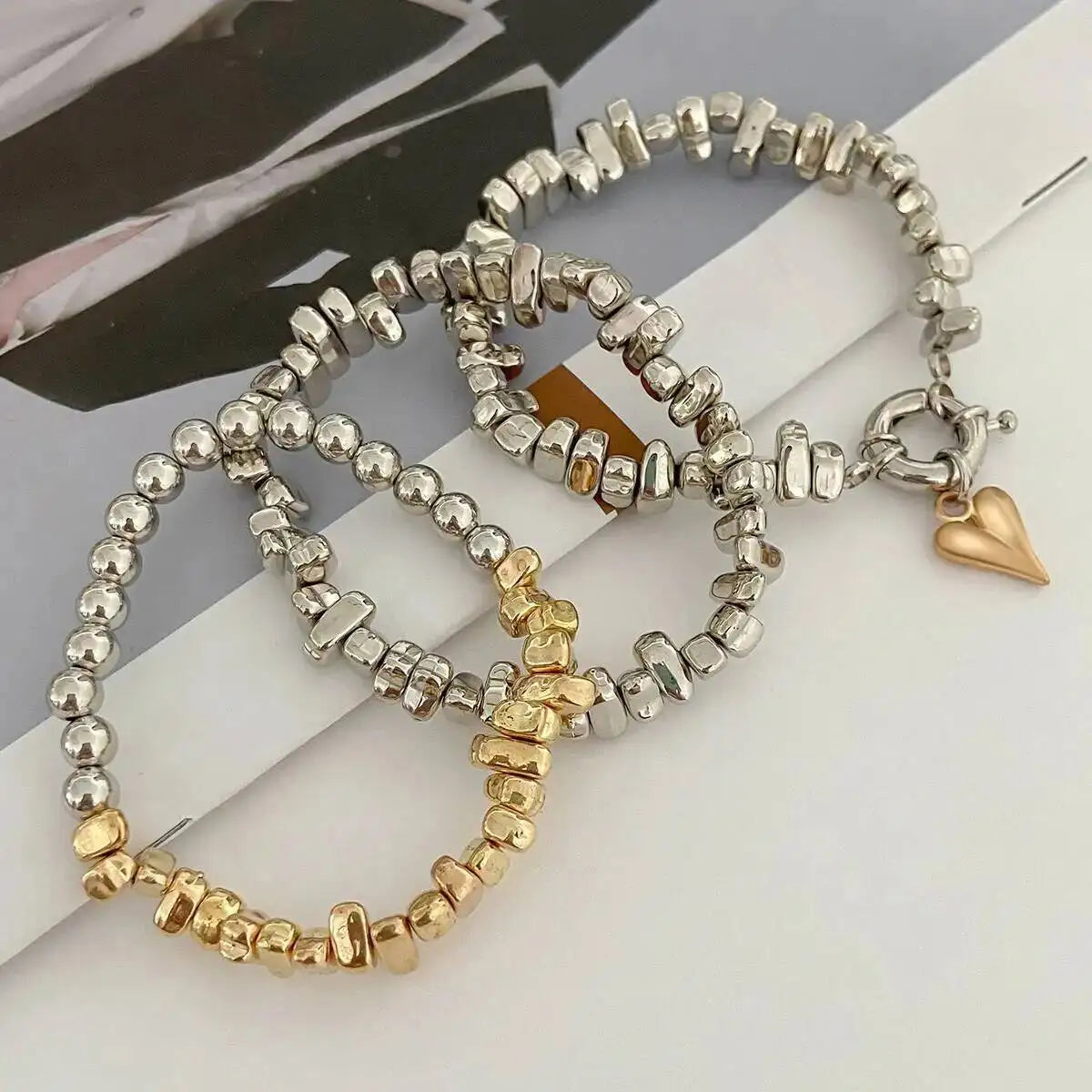 3pcs/set Fashion Irregular CCB Beads Chain Heart Pendant Bracelet Women Vintage Imitation Pearl Bangle Jewelry Gift