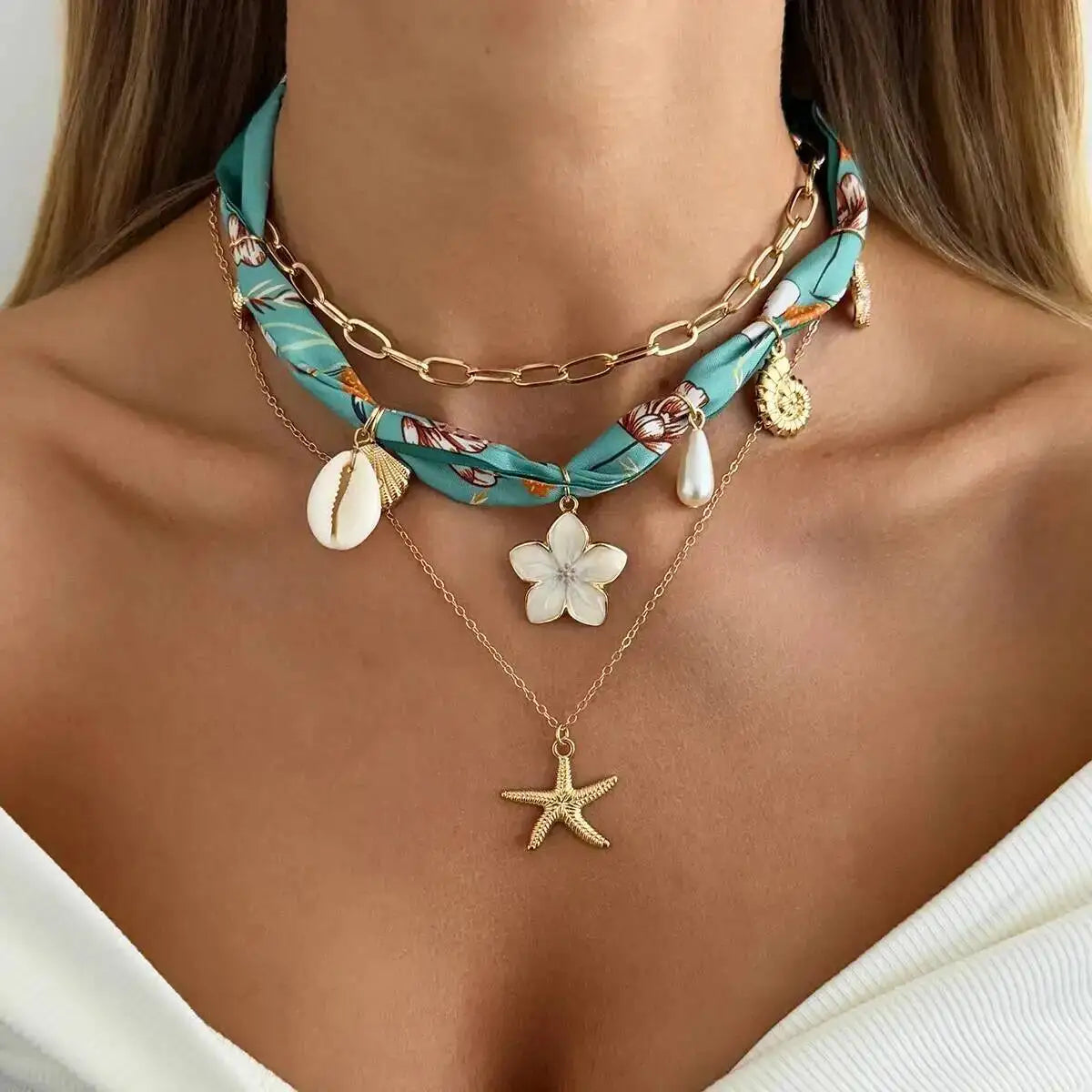 Ingemark 3Pcs/Set Boho Scarf Ribbon Choker Necklace Women Vintage Cross Sun Flower Starfish Conch Coconut Tree Pendant Necklace