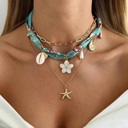 Ingemark 3Pcs/Set Boho Scarf Ribbon Choker Necklace Women Vintage Cross Sun Flower Starfish Conch Coconut Tree Pendant Necklace
