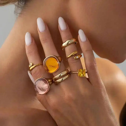 Ingemark 7-piece Inlaid Acrylic Resin Adjustable Open Rings Set Women New Trendy Gold Color Stackable Knuckle Ring Party Jewelry