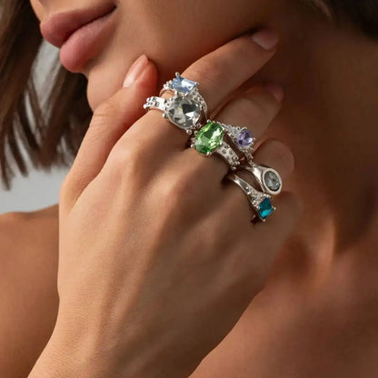 Ingemark 6 Pcs/Set Personality Acrylic Rhinestone Adjustable Open Rings for Women Vintage Stackable Finger Rings Hip Hop Jewelry