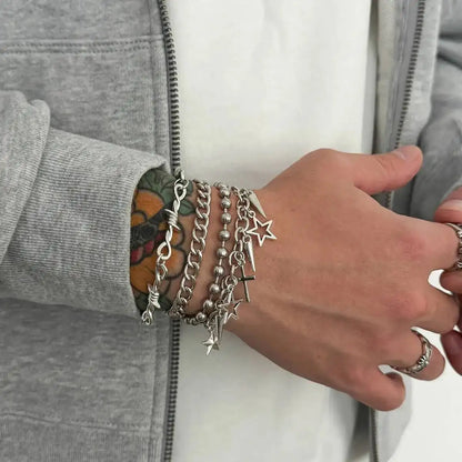 Trendy Multi Layer Stackable Cuban Chain Bracelet Men Hip Hop Pentagram Jesus Cross Rivet Pendant Bracelet Punk Jewelry