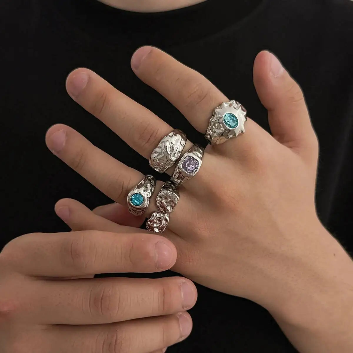Ingemark 5 Pcs/Set Punk Colorful Acrylic Rhinestone Adjustable Open Ring for Men Hip Hop Retro Geometry Chunky Ring Male Jewelry