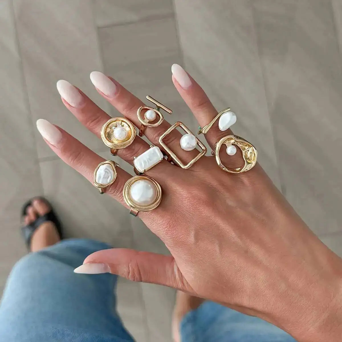 Ingemark 8Pcs/Set Bohemian Imitation Pearl Open Rings for Women New Trendy Irregular Adjustable Finger Ring Baroque Jewelry Gift