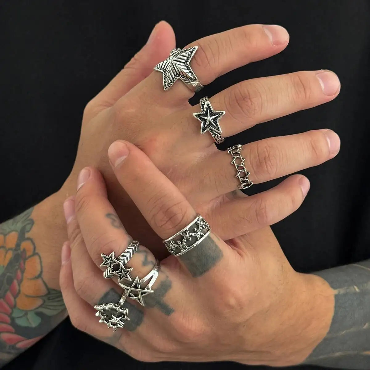 7Pcs/Set Gothic Five-Pointed Star Adjustable Open Rings For Men Trendy Punk Love Heart Finger Ring Daily Party Jewelry New