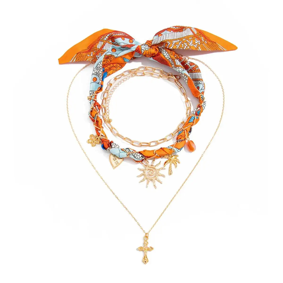 Ingemark 3Pcs/Set Boho Scarf Ribbon Choker Necklace Women Vintage Cross Sun Flower Starfish Conch Coconut Tree Pendant Necklace