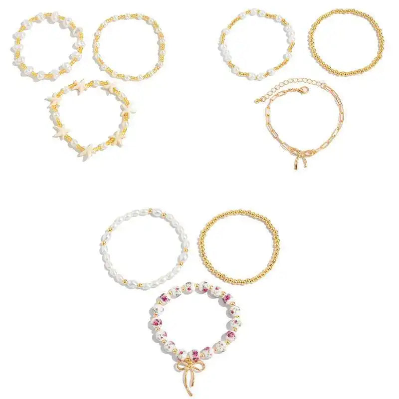 Ingemark 3Pcs/Set Boho Imitation Pearl Starfish Beads Bracelets Women Romantic Elegant Charm Bangle Daily Party Banquet Jewelry