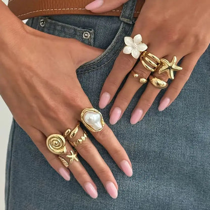 Ingemark 10 Pcs/Set Trendy Conch Starfish Flower Open Rings for Women Bohemian Imitation Pearls Ring Summer Beach Jewelry Gifts