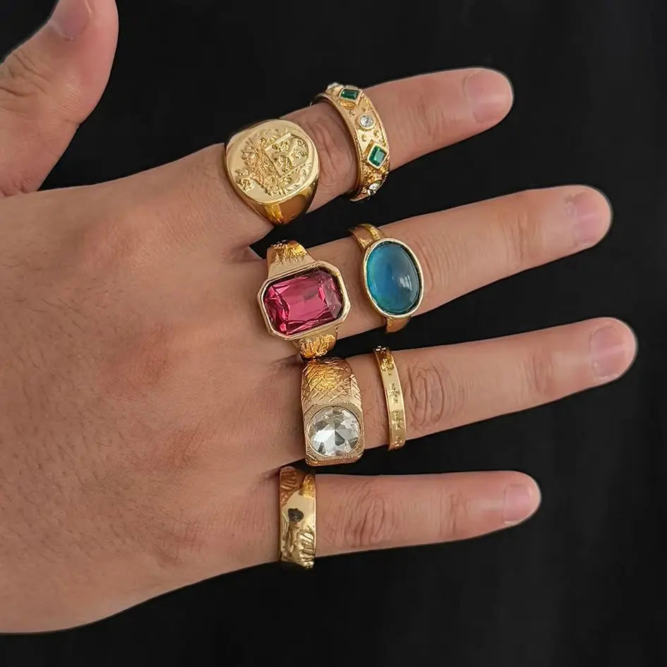 Ingemark 7Pcs/Set Luxury Inlay Acrylic Rhinestone Open Rings for Men Punk Gold Color Metal Adjustable Ring Jewelry Accessories