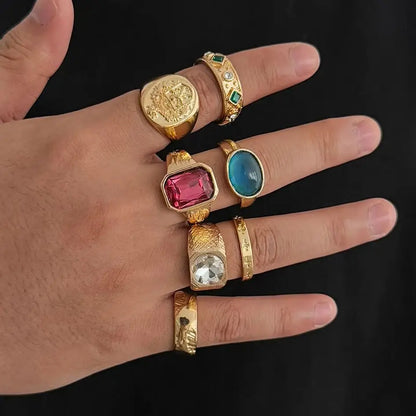 Ingemark 7Pcs/Set Luxury Inlay Acrylic Rhinestone Open Rings for Men Punk Gold Color Metal Adjustable Ring Jewelry Accessories