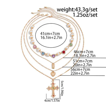 Ingemark Multilayer Rhinestone Love Heart Imitation Pearl Chain Necklace Women Creative Jesus Cross Pendant Choker Y2K Jewelry