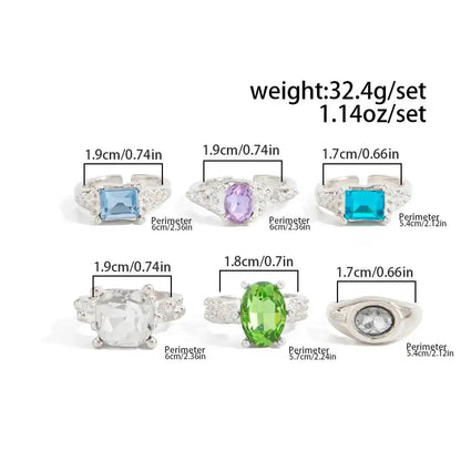 Ingemark 6 Pcs/Set Personality Acrylic Rhinestone Adjustable Open Rings for Women Vintage Stackable Finger Rings Hip Hop Jewelry