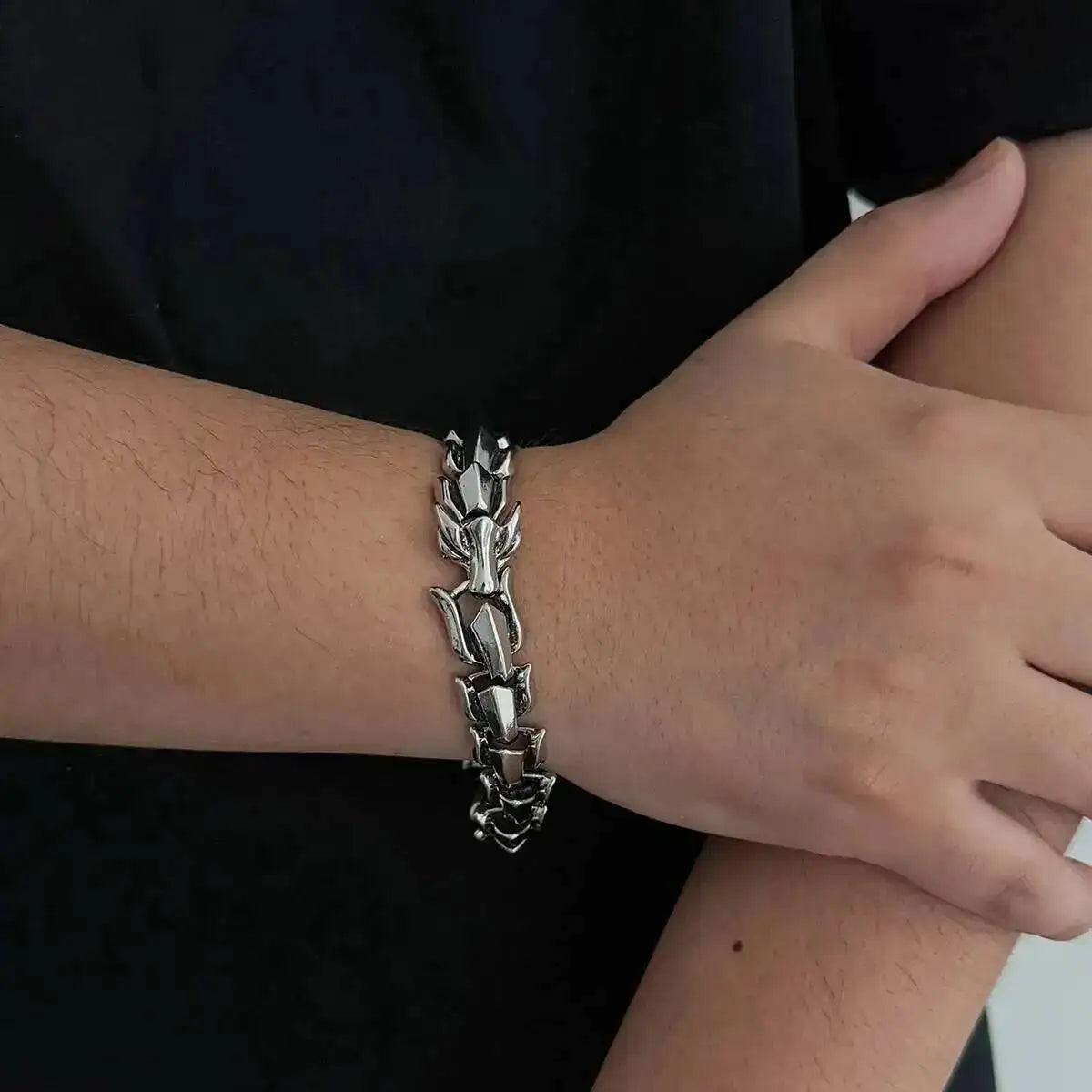 Ingemark Punk Style Keel Dragon Chunky Bracelet for Men Personality Gothic Silver Color Metal Open Bangles Jewelry Accessories