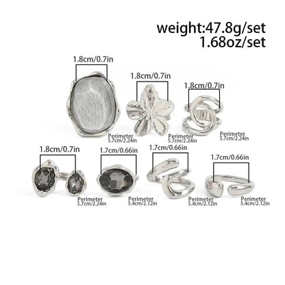 Ingemark 7Pcs Stylish Rhinestone Open Rings Set for Women Retro Gothic Stackable Big Flower Adjustable Finger Ring Jewelry Gifts