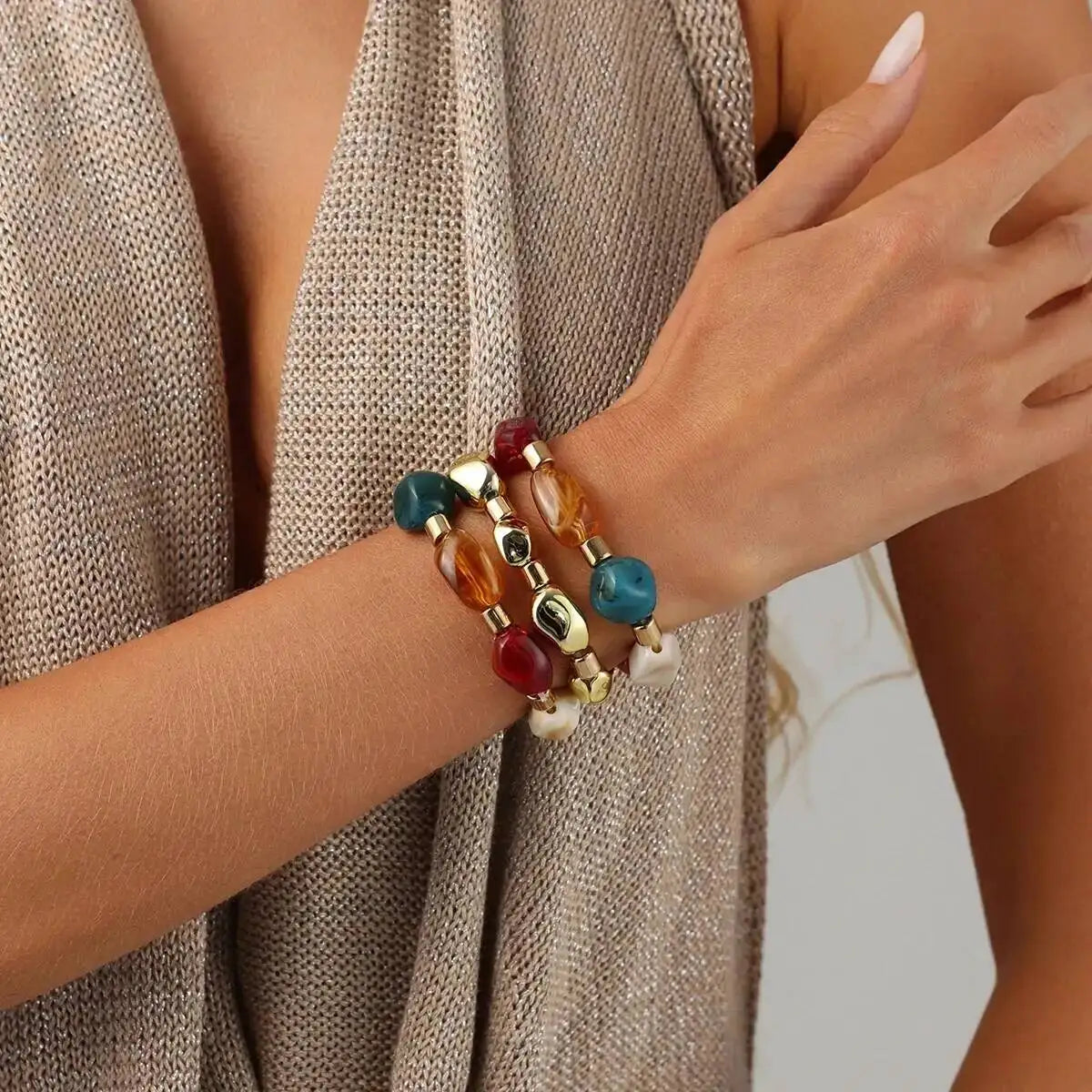 Ingemark 3Pcs/Set Y2K Boho Acrylic Resin Beaded Bracelet for Women Vintage Splicing Stacked Elastic Bangle Baroque Charm Jewelry
