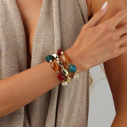 Ingemark 3Pcs/Set Y2K Boho Acrylic Resin Beaded Bracelet for Women Vintage Splicing Stacked Elastic Bangle Baroque Charm Jewelry