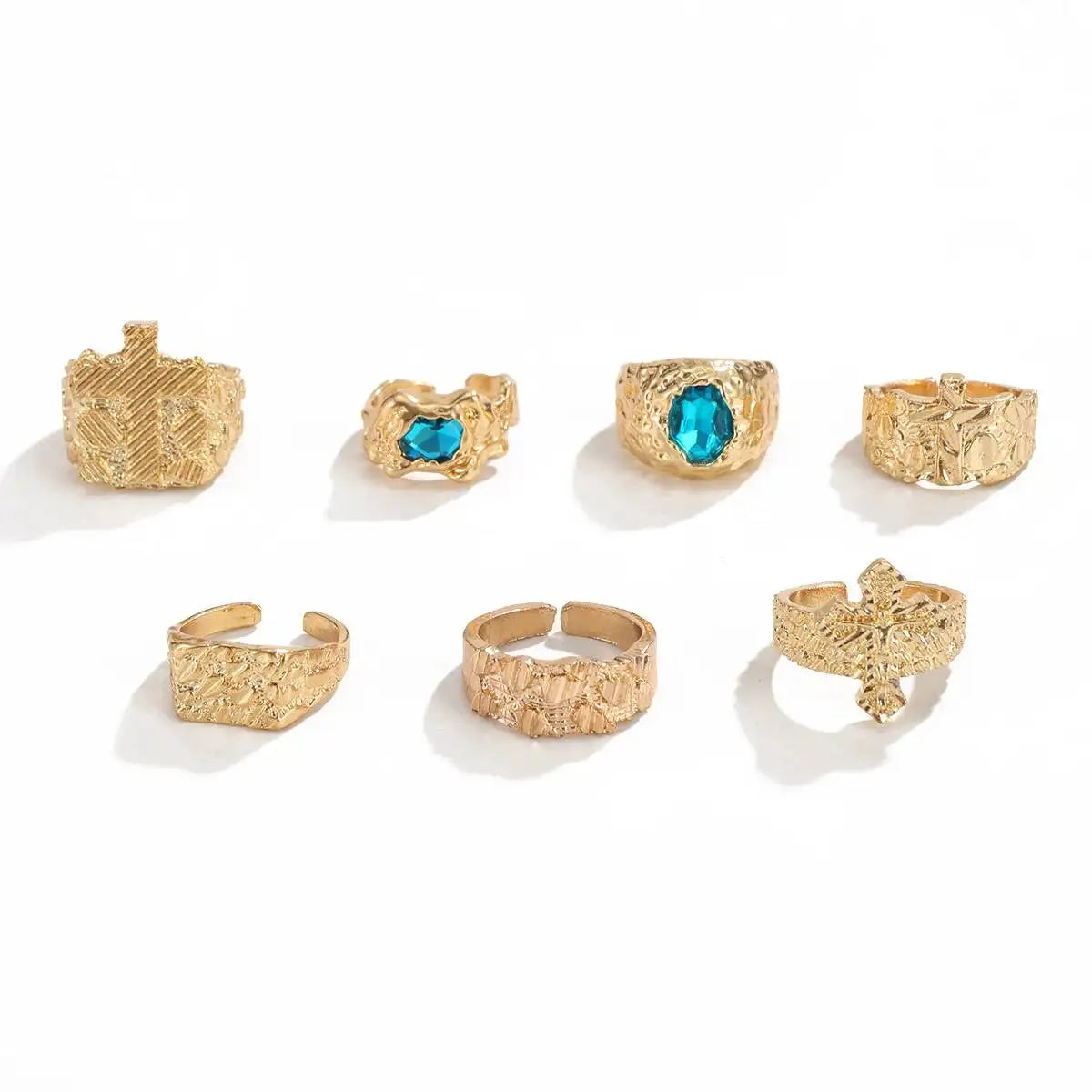 Ingemark 7 Pcs/Set Unique Gold Color Texture Metal Open Rings for Men Punk Inlay Blue Acrylic Rhinestone Rings Male Jewelry Gift