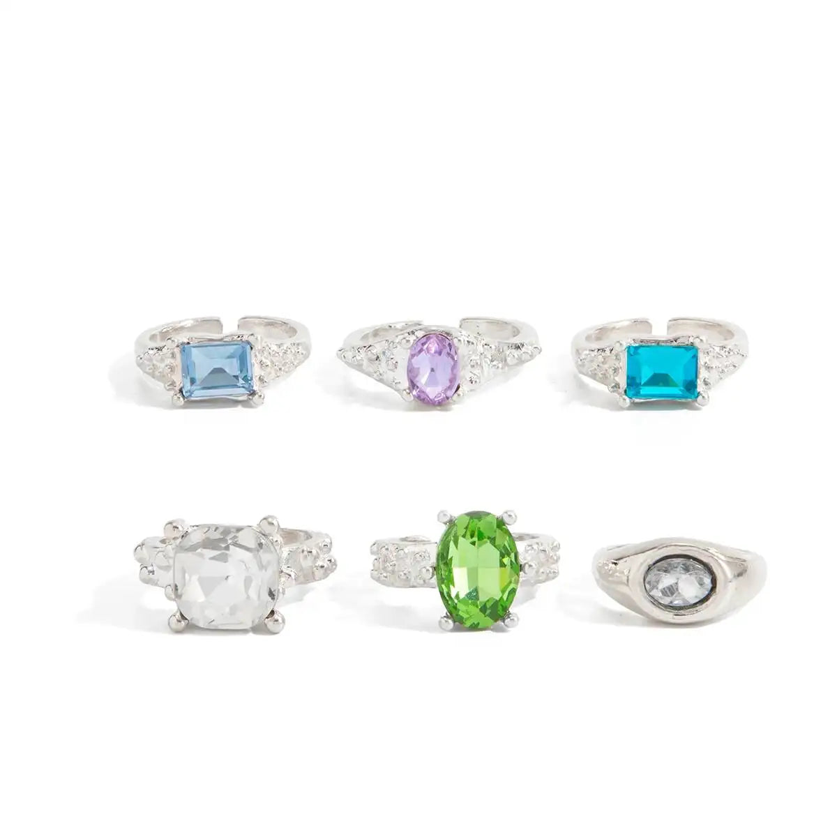 Ingemark 6 Pcs/Set Personality Acrylic Rhinestone Adjustable Open Rings for Women Vintage Stackable Finger Rings Hip Hop Jewelry