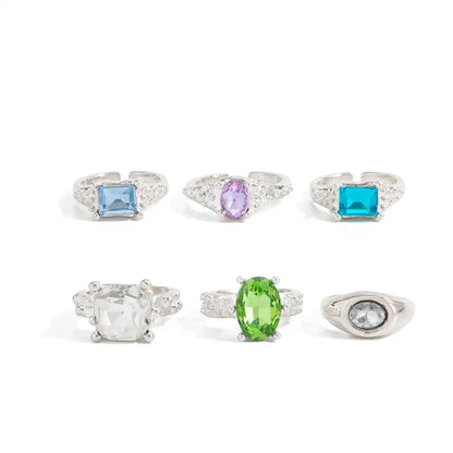 Ingemark 6 Pcs/Set Personality Acrylic Rhinestone Adjustable Open Rings for Women Vintage Stackable Finger Rings Hip Hop Jewelry