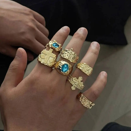Ingemark 7 Pcs/Set Unique Gold Color Texture Metal Open Rings for Men Punk Inlay Blue Acrylic Rhinestone Rings Male Jewelry Gift