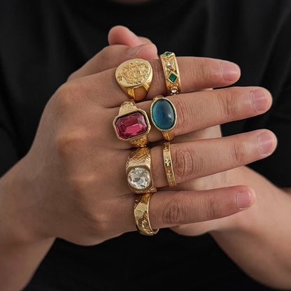 Ingemark 7Pcs/Set Luxury Inlay Acrylic Rhinestone Open Rings for Men Punk Gold Color Metal Adjustable Ring Jewelry Accessories