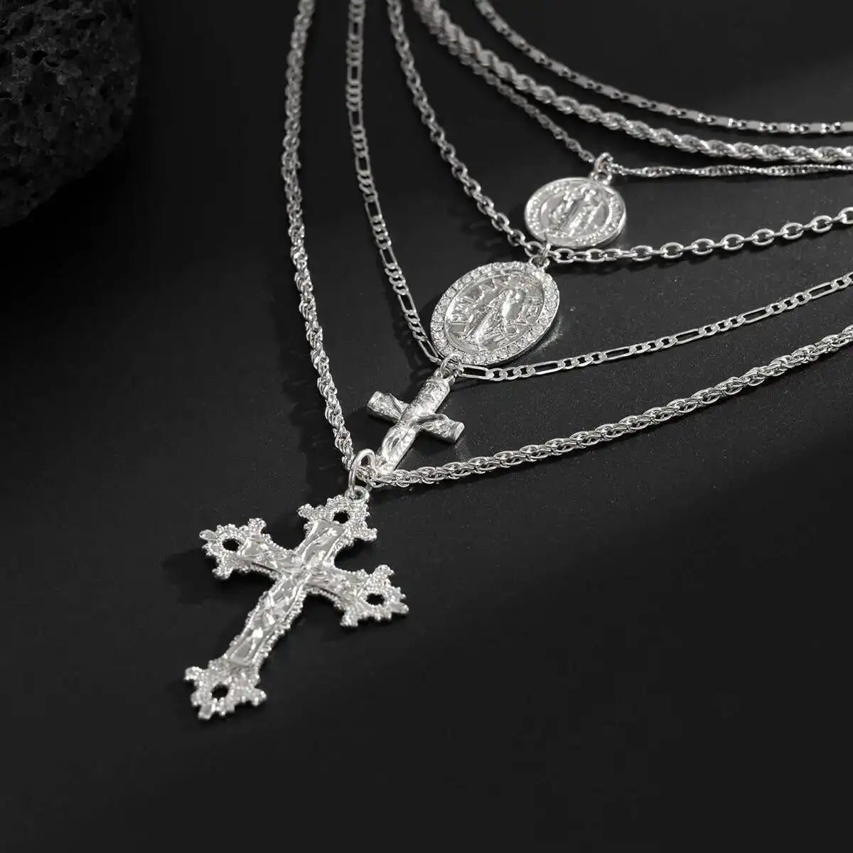 6Pcs/Set Punk Big Cross Jesus Pendant Choker Necklace for Men Collaes Hip Hop Adjustable Chain Christian Jewelry Gift