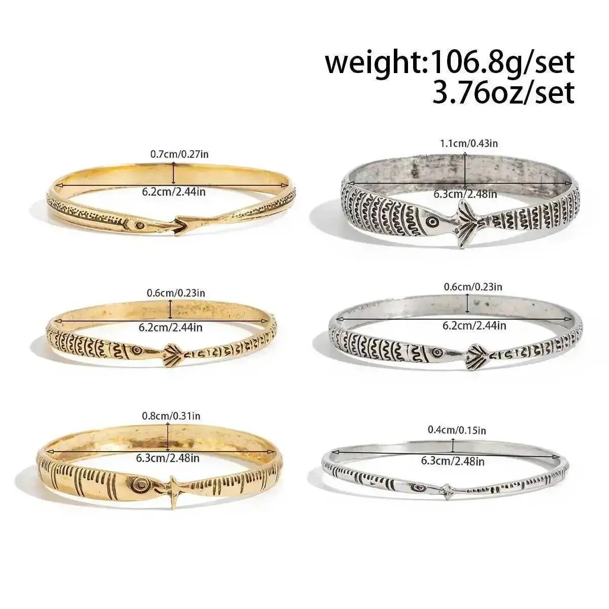 6 Pcs/Set Vintage Fish Pattern Metal Bangle Stack Women's Ethnic Style Bracelet Party Accessory Couple Matching Jewelry