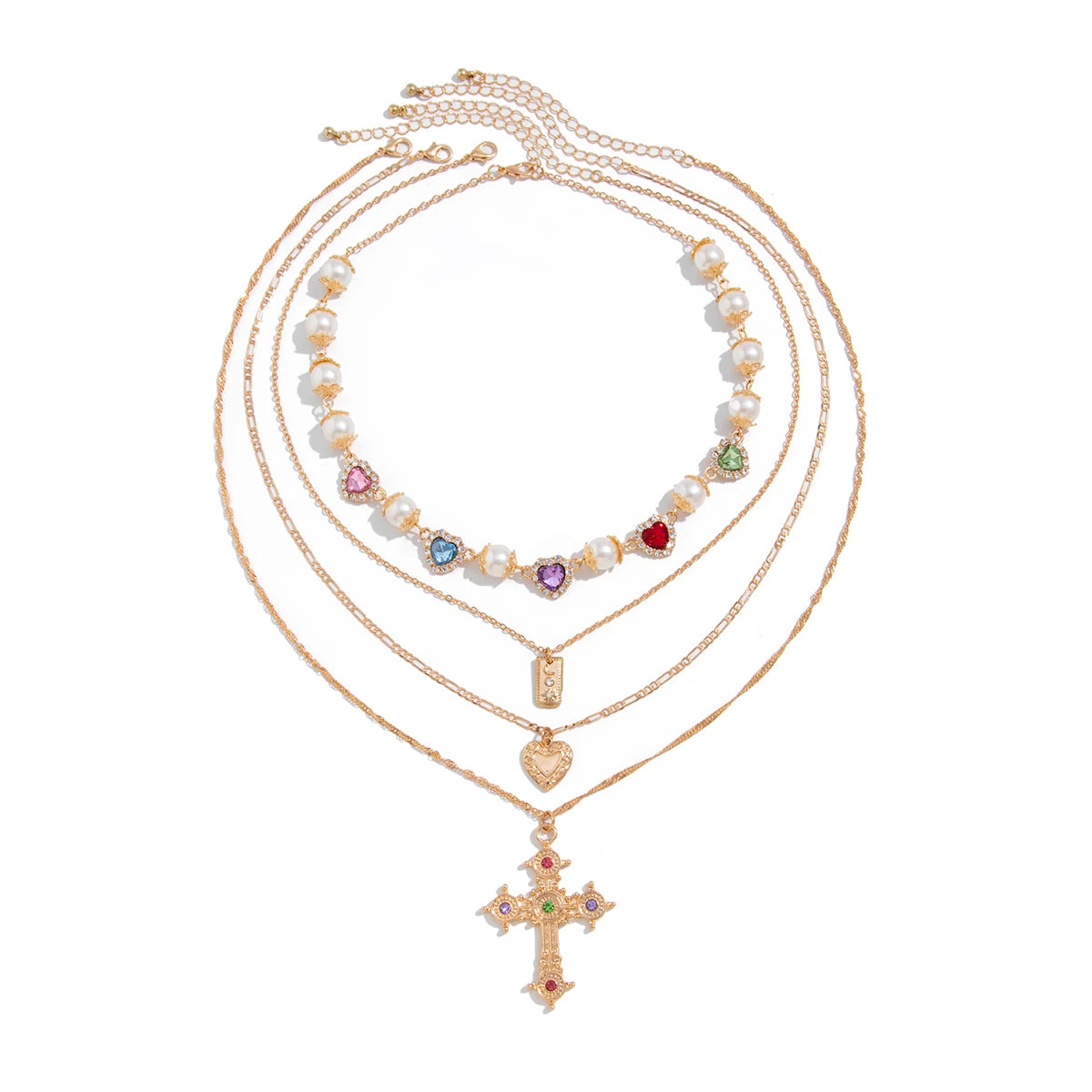 Ingemark Multilayer Rhinestone Love Heart Imitation Pearl Chain Necklace Women Creative Jesus Cross Pendant Choker Y2K Jewelry