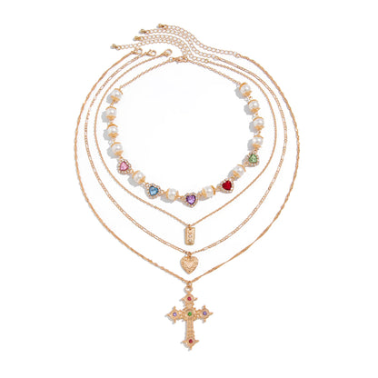 Ingemark Multilayer Rhinestone Love Heart Imitation Pearl Chain Necklace Women Creative Jesus Cross Pendant Choker Y2K Jewelry