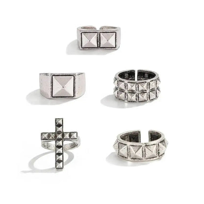 Ingemark 5 Pcs Gothic Punk Cross Chunky Open Rings Set for Men Hip-Hop Rivets Stackable Adjustable Knuckle Rings Finger Jewelry