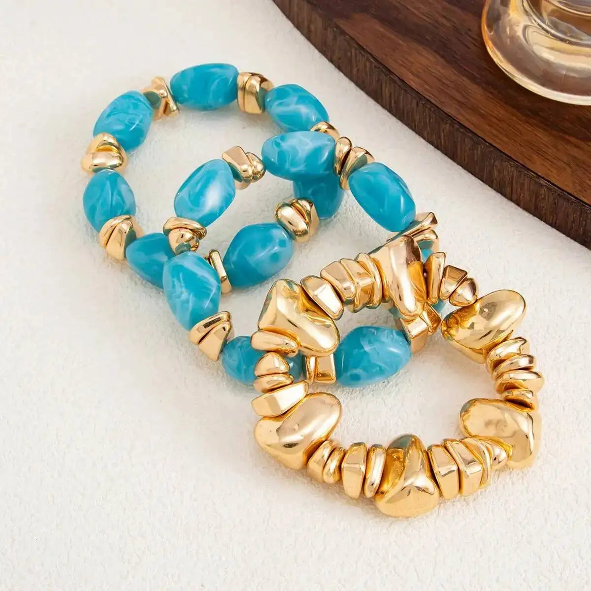 Ingemark 3Pcs/Set Baroque Acrylic Resin Beaded Bracelet for Women Vintage Boho Stacked Elastic Bangles Charm Jewelry Accessories