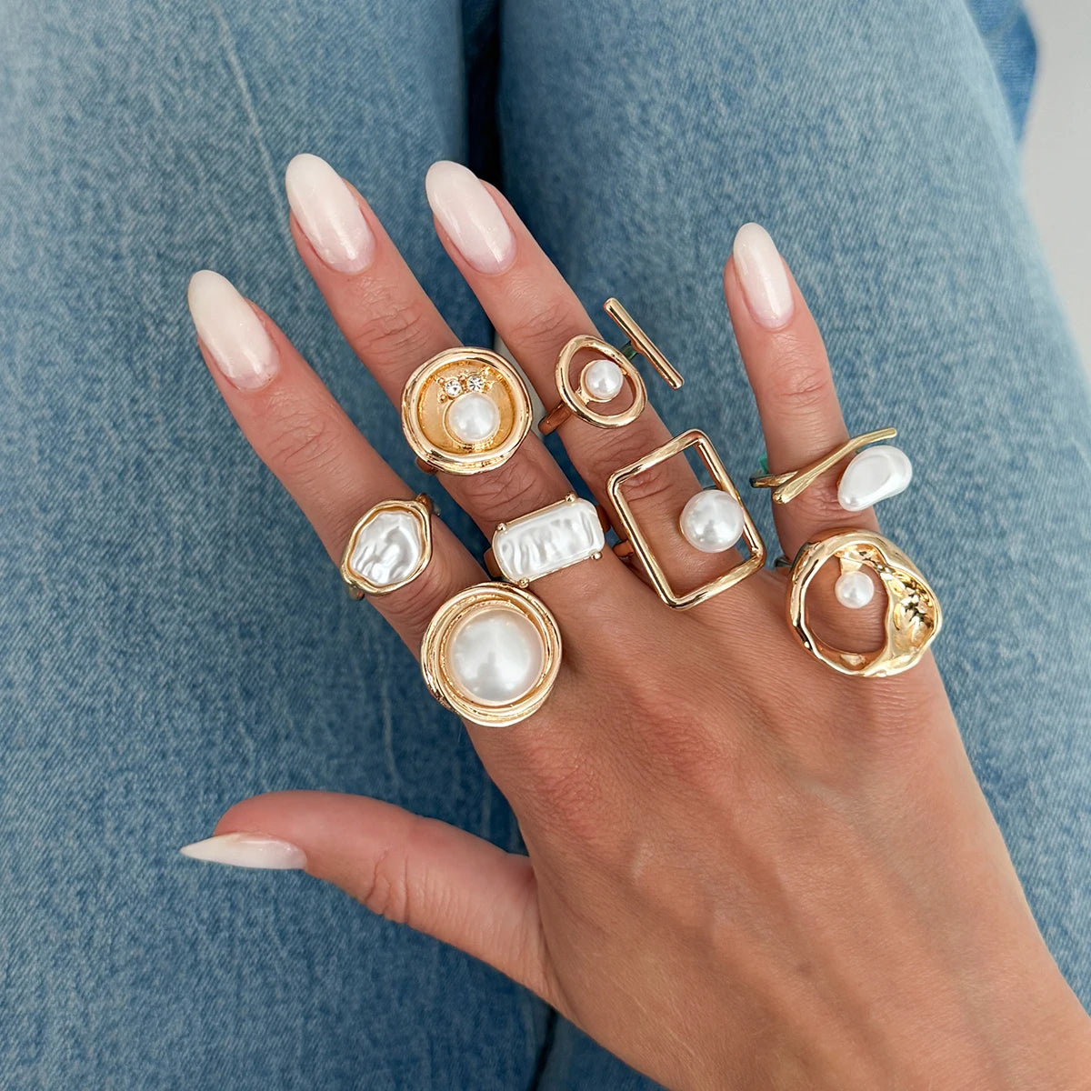 Ingemark 8Pcs/Set Bohemian Imitation Pearl Open Rings for Women New Trendy Irregular Adjustable Finger Ring Baroque Jewelry Gift