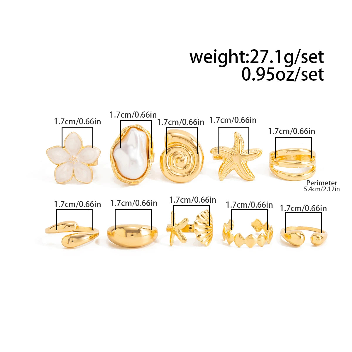 Ingemark 10 Pcs/Set Trendy Conch Starfish Flower Open Rings for Women Bohemian Imitation Pearls Ring Summer Beach Jewelry Gifts